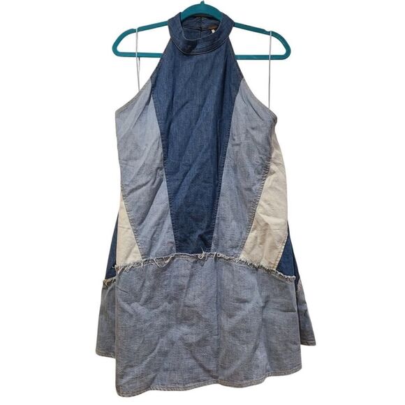 Free People Rising Sun Mini Denim Patched Halter Contrast Exposed Back | M EUC - Picture 2 of 12